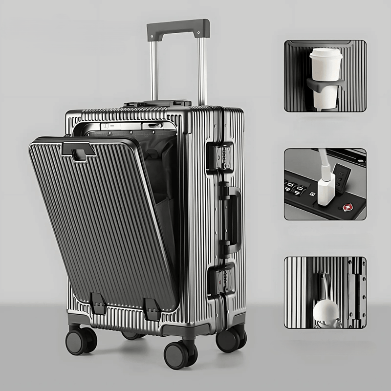 Aluminium Frame Hand Luggage Suitcase With USB Ports And 360° Spinner Wheels