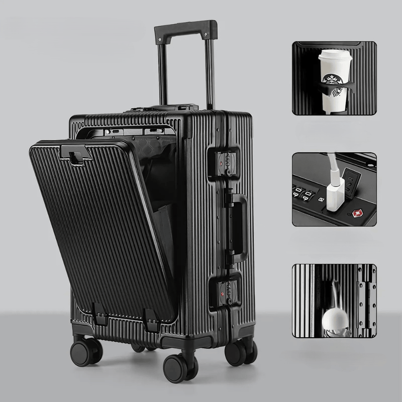 Aluminium Frame Hand Luggage Suitcase With USB Ports And 360° Spinner Wheels