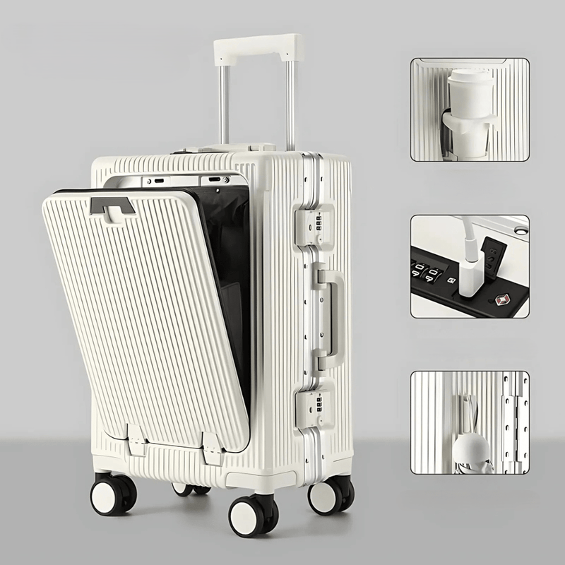 Aluminium Frame Hand Luggage Suitcase With USB Ports And 360° Spinner Wheels
