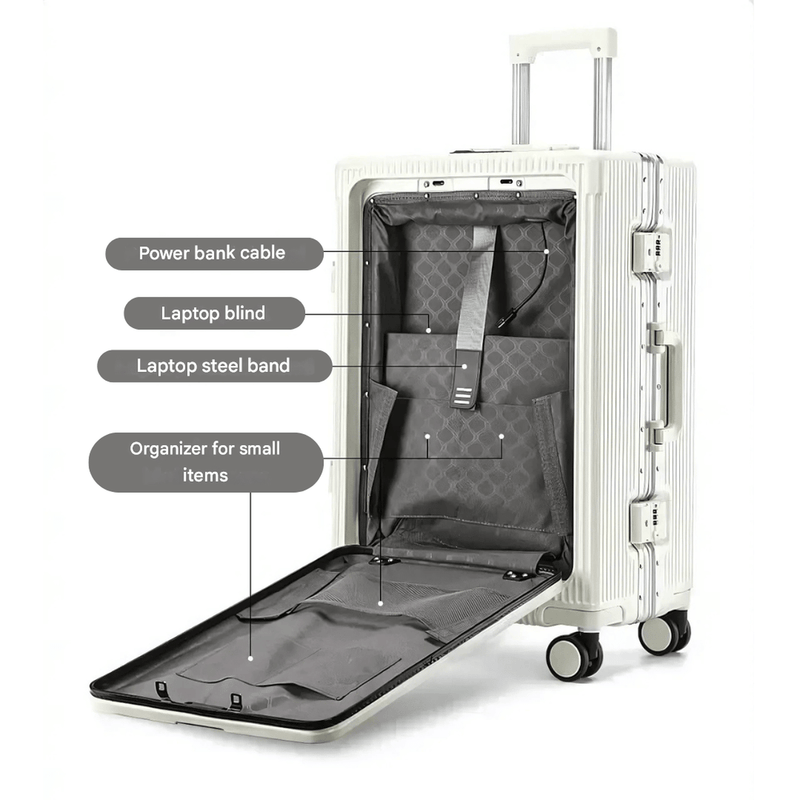 Aluminium Frame Hand Luggage Suitcase With USB Ports And 360° Spinner Wheels