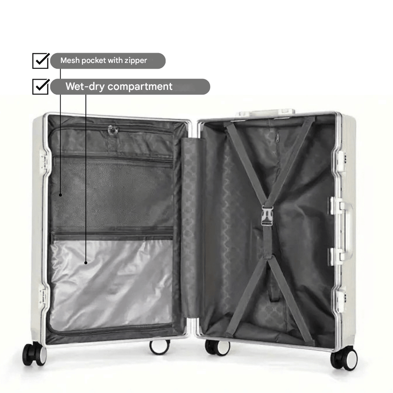 Aluminium Frame Hand Luggage Suitcase With USB Ports And 360° Spinner Wheels