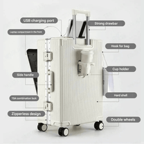 Aluminium Frame Hand Luggage Suitcase With USB Ports And 360° Spinner Wheels