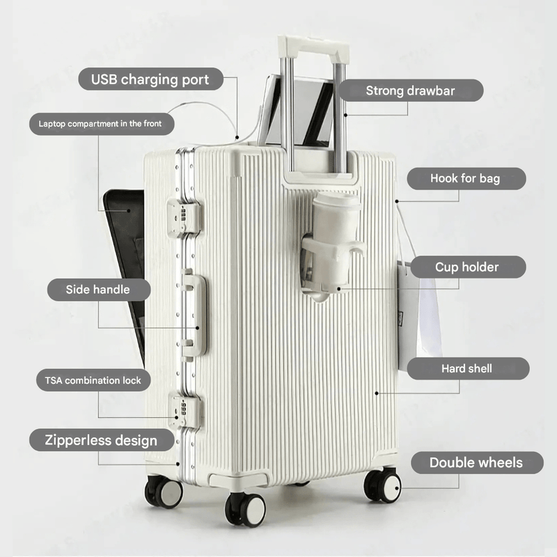 Aluminium Frame Hand Luggage Suitcase With USB Ports And 360° Spinner Wheels
