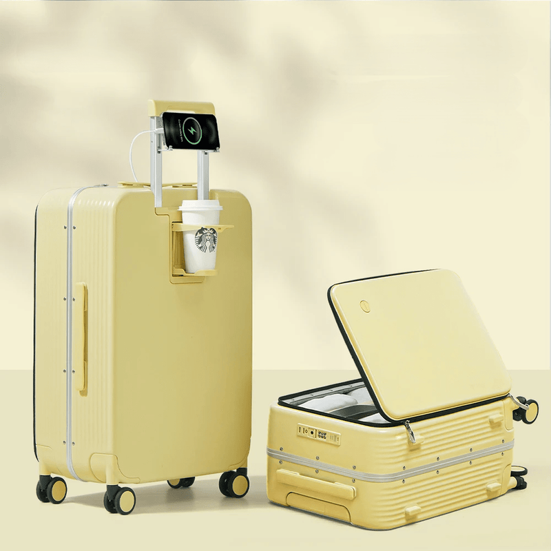 Aluminium Frame Hard Shell Suitcase With USB Port And Cup Holder