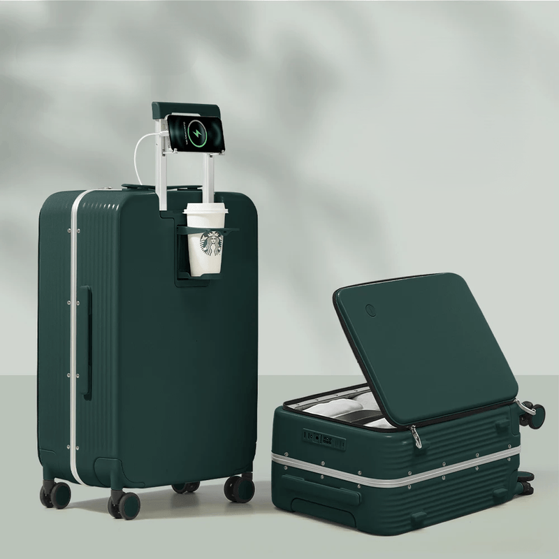 Aluminium Frame Hard Shell Suitcase With USB Port And Cup Holder