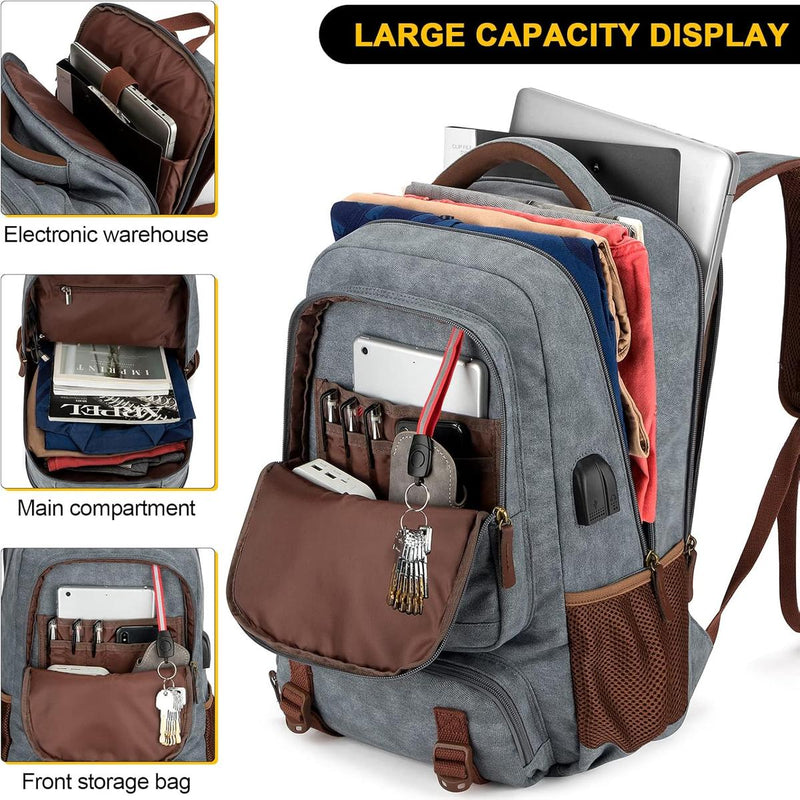 Anti-Theft Canvas Laptop Backpack With USB Port For Laptops Up To 17.3 Inches