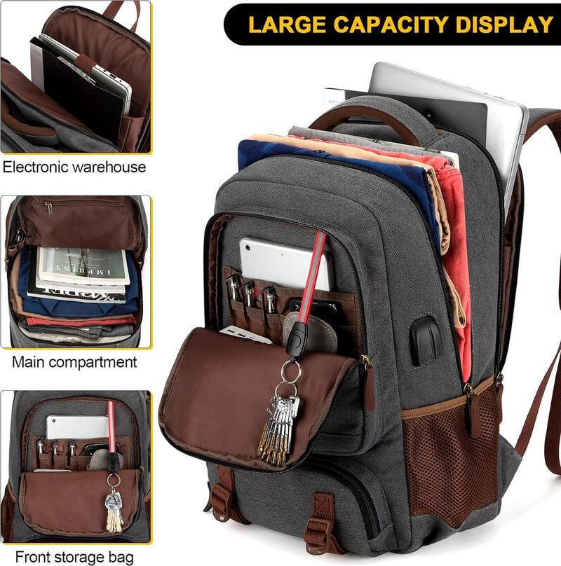 Anti-Theft Canvas Laptop Backpack With USB Port For Laptops Up To 17.3 Inches