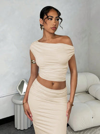 Asymmetric Ruched Shoulder Top &amp; Slit Skirt Set
