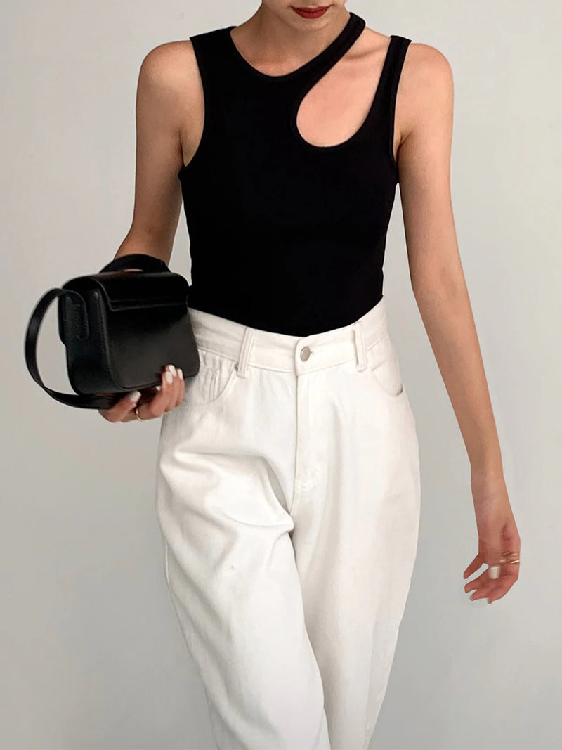 Asymmetrical Ribbed Cut-Out Tank Top