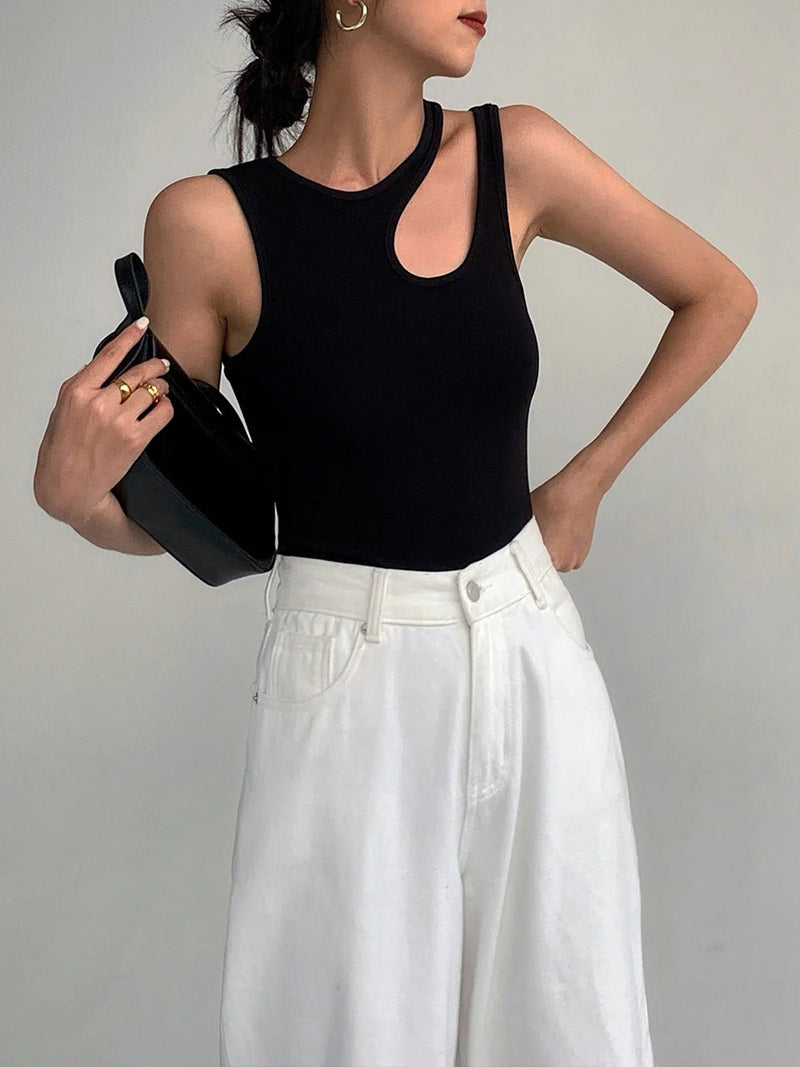 Asymmetrical Ribbed Cut-Out Tank Top