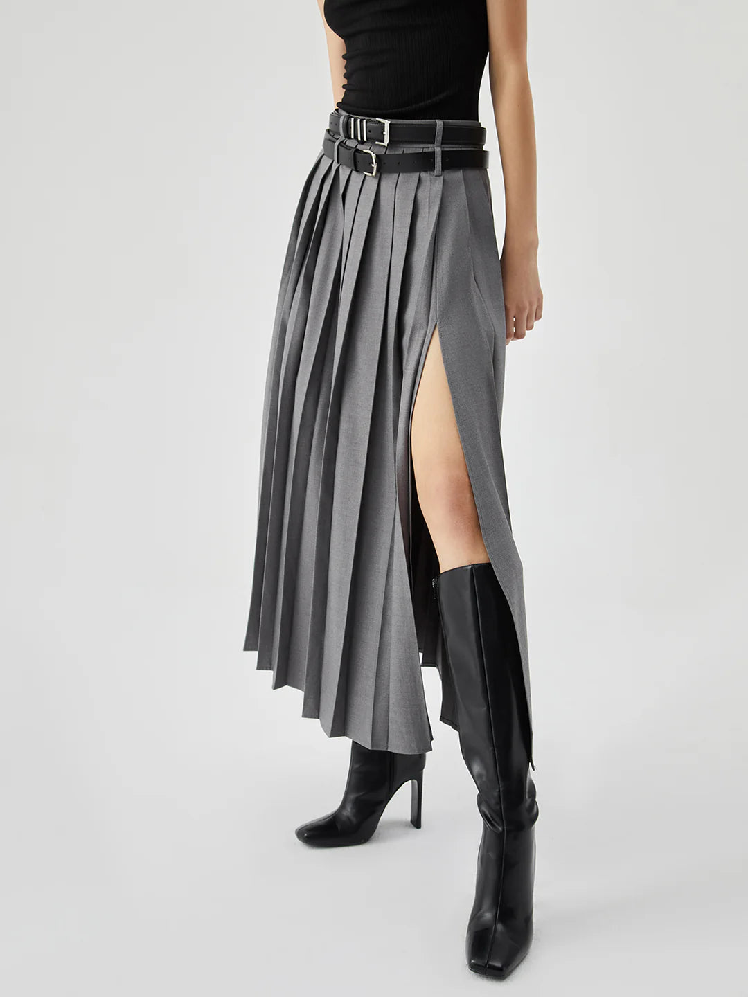 Pleated Split Maxi Skirt