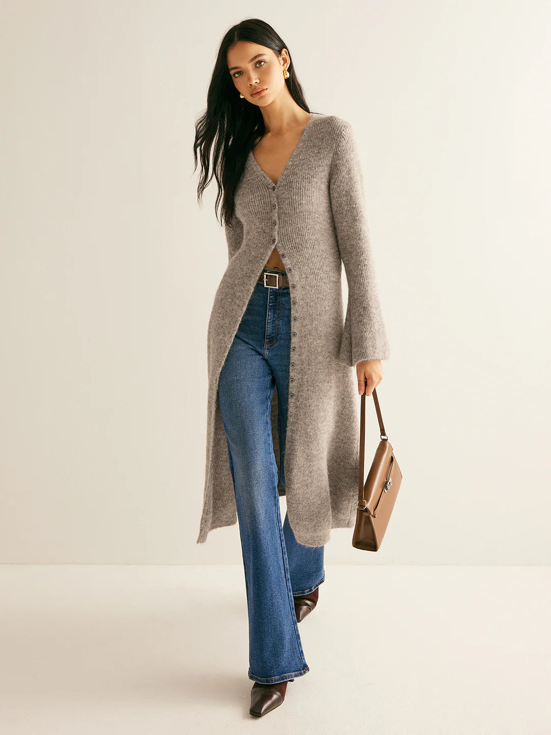 V-neck Knit Button Midi Dress