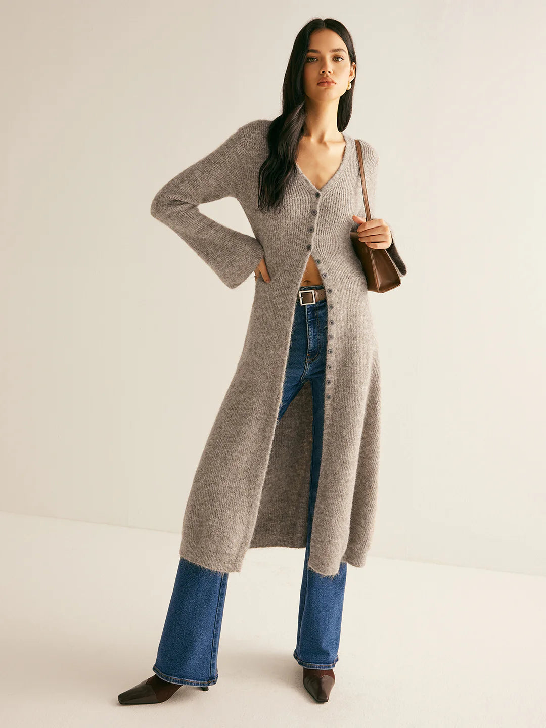 V-neck Knit Button Midi Dress