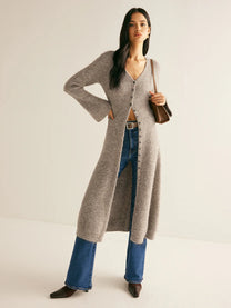V-neck Knit Button Midi Dress