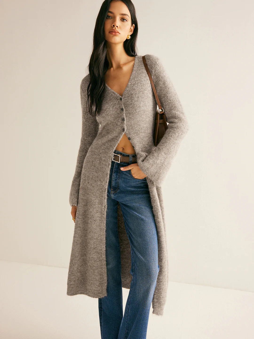 V-neck Knit Button Midi Dress