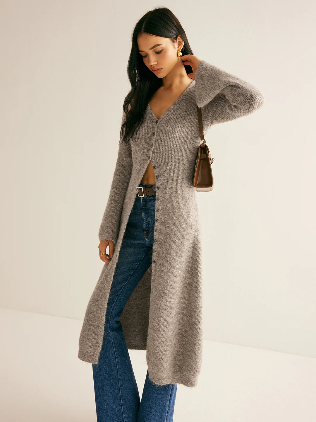 V-neck Knit Button Midi Dress