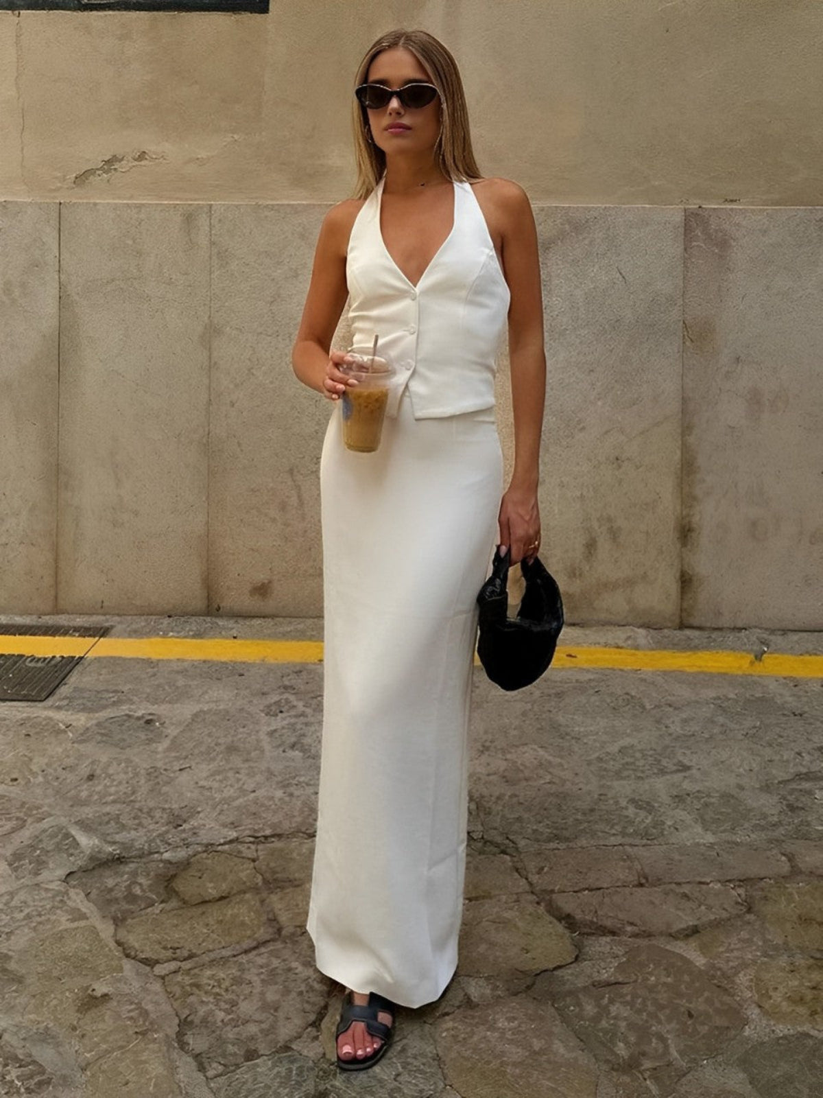 Backless V-Neck Halter &amp; Maxi Skirt Set