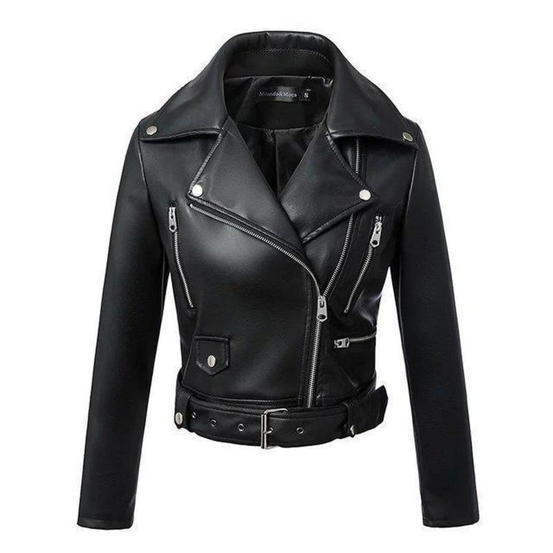 Belted Black Faux Leather Biker Jacket