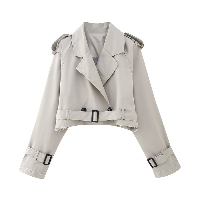 Belted Cropped Trench Coat With Double-Breasted Design