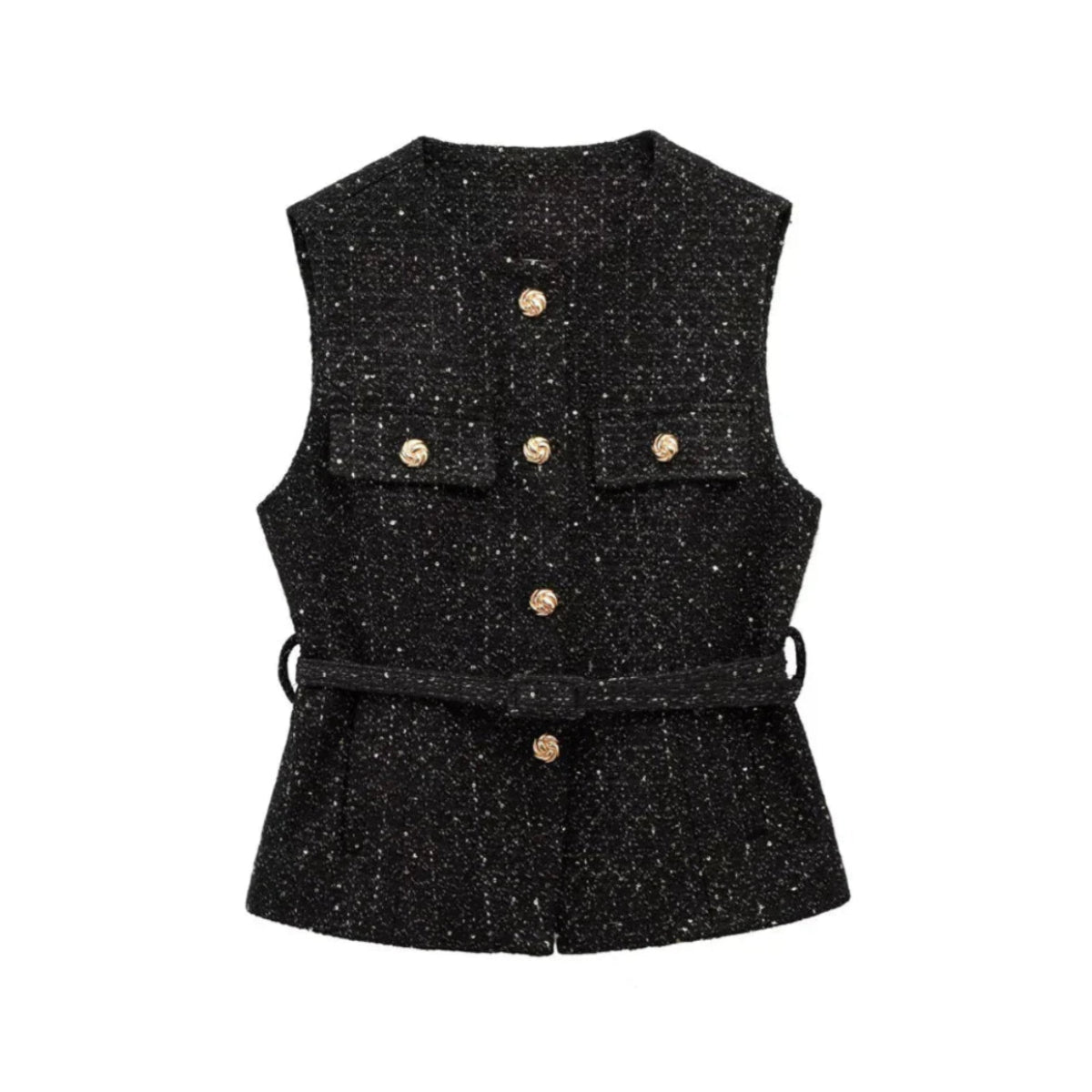 Belted Golden Button Tweed Gilet