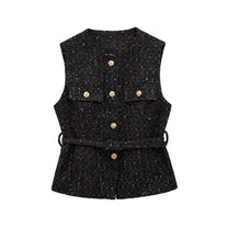 Belted Golden Button Tweed Gilet