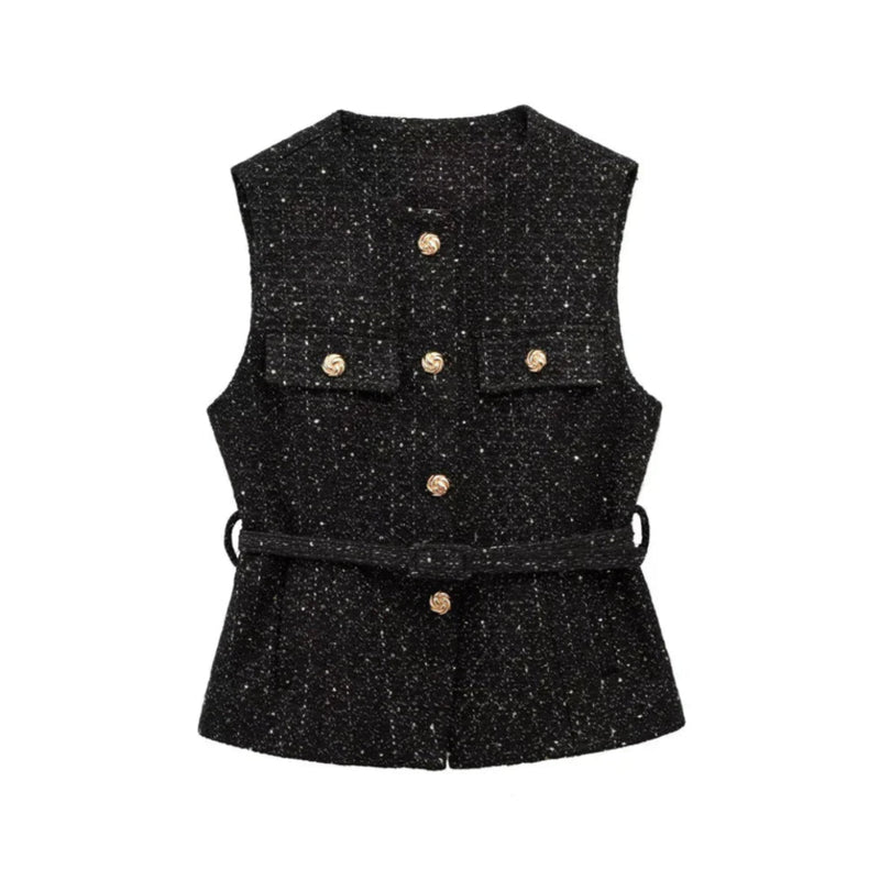 Belted Golden Button Tweed Gilet