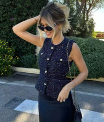 Belted Golden Button Tweed Gilet