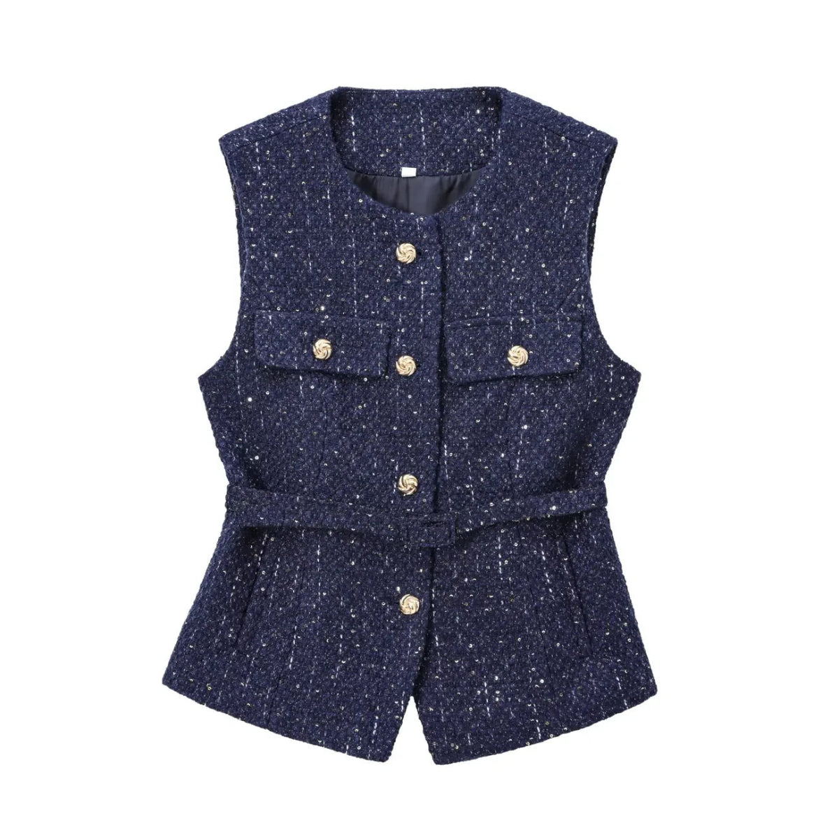 Belted Golden Button Tweed Gilet