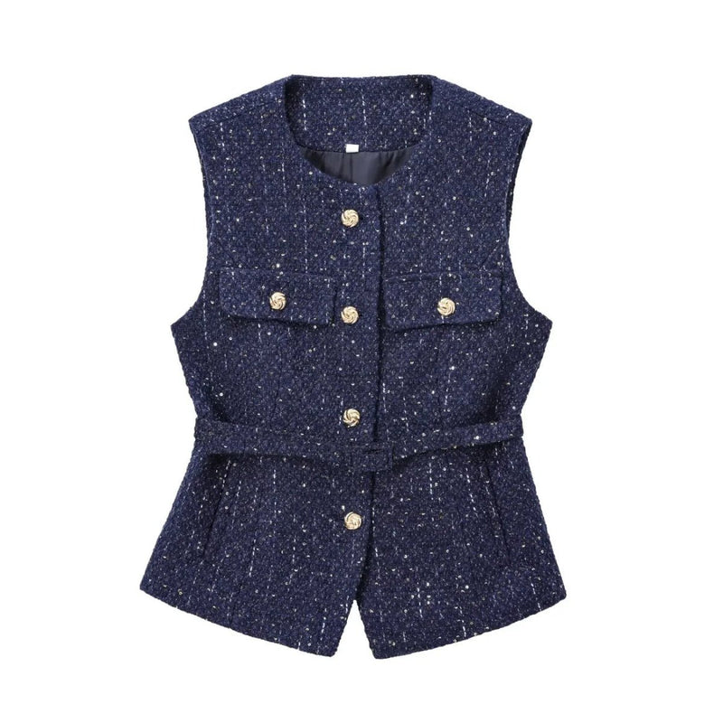 Belted Golden Button Tweed Gilet