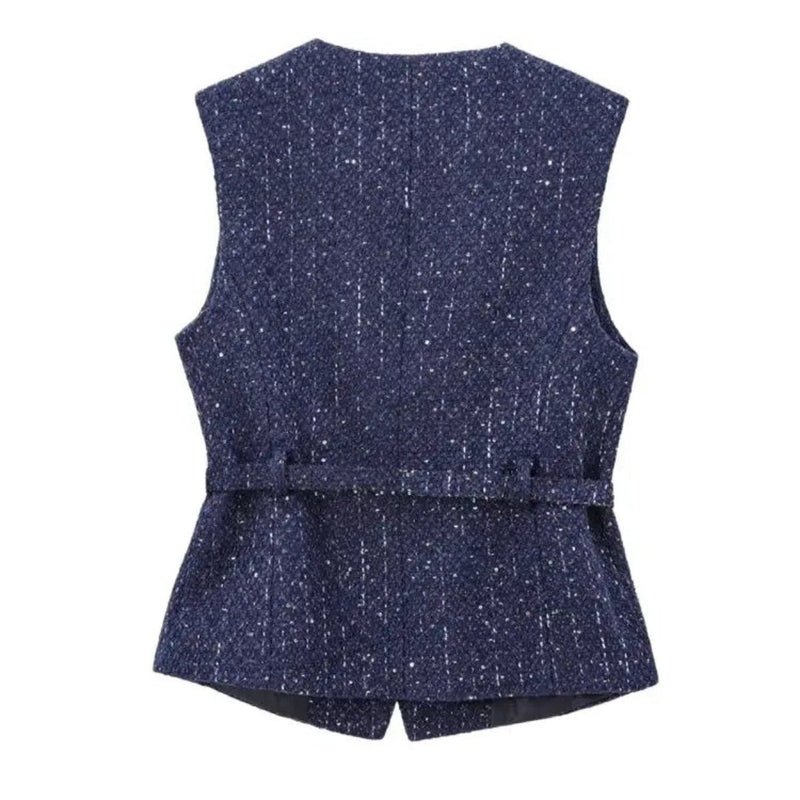 Belted Golden Button Tweed Gilet