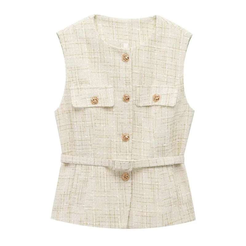 Belted Golden Button Tweed Gilet