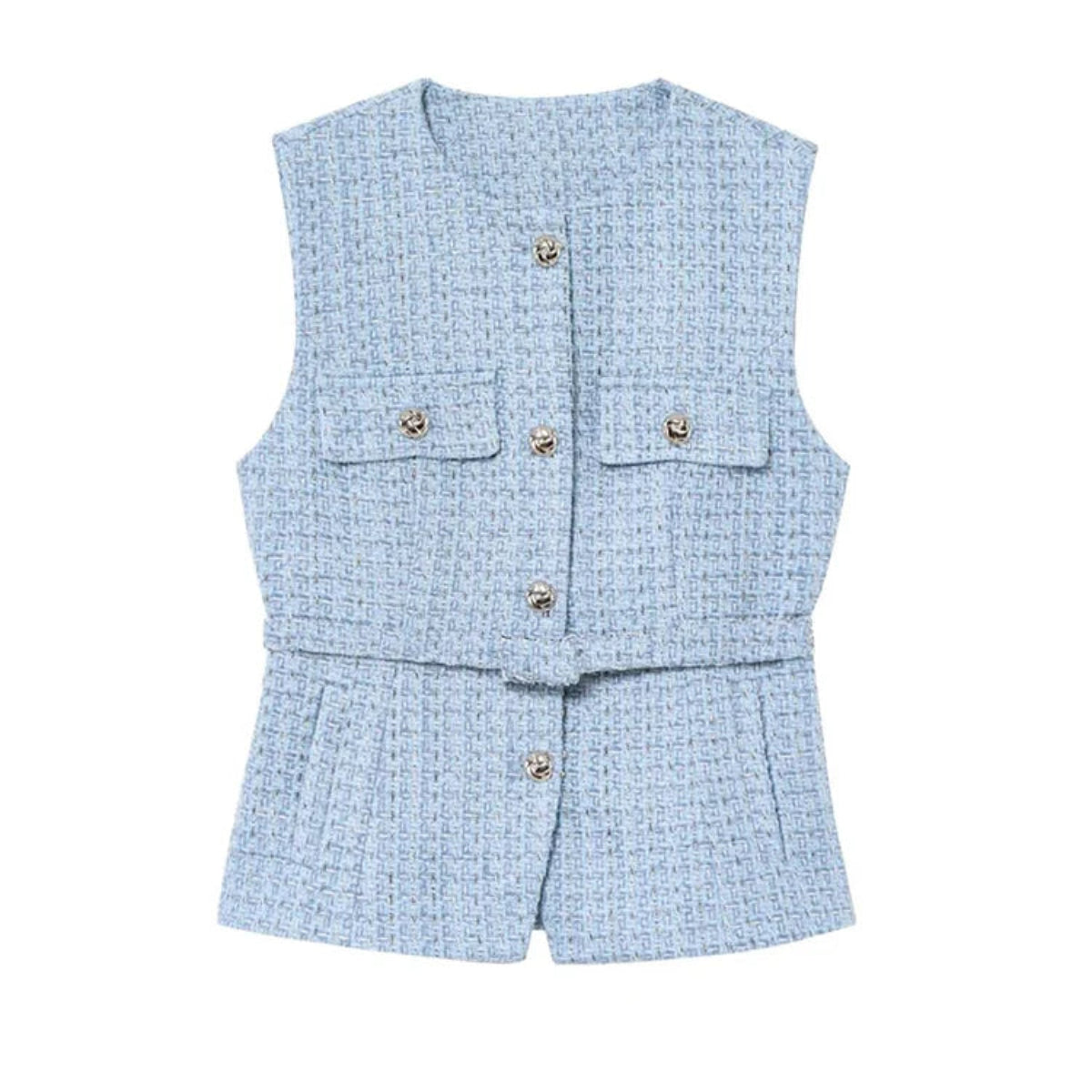 Belted Golden Button Tweed Gilet