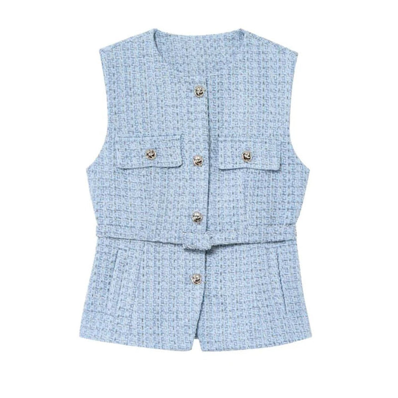 Belted Golden Button Tweed Gilet