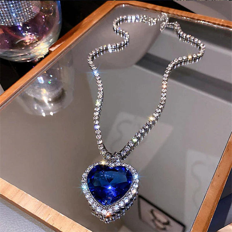 Blue Heart Crystal Necklace With Zirconia And S925 Silver