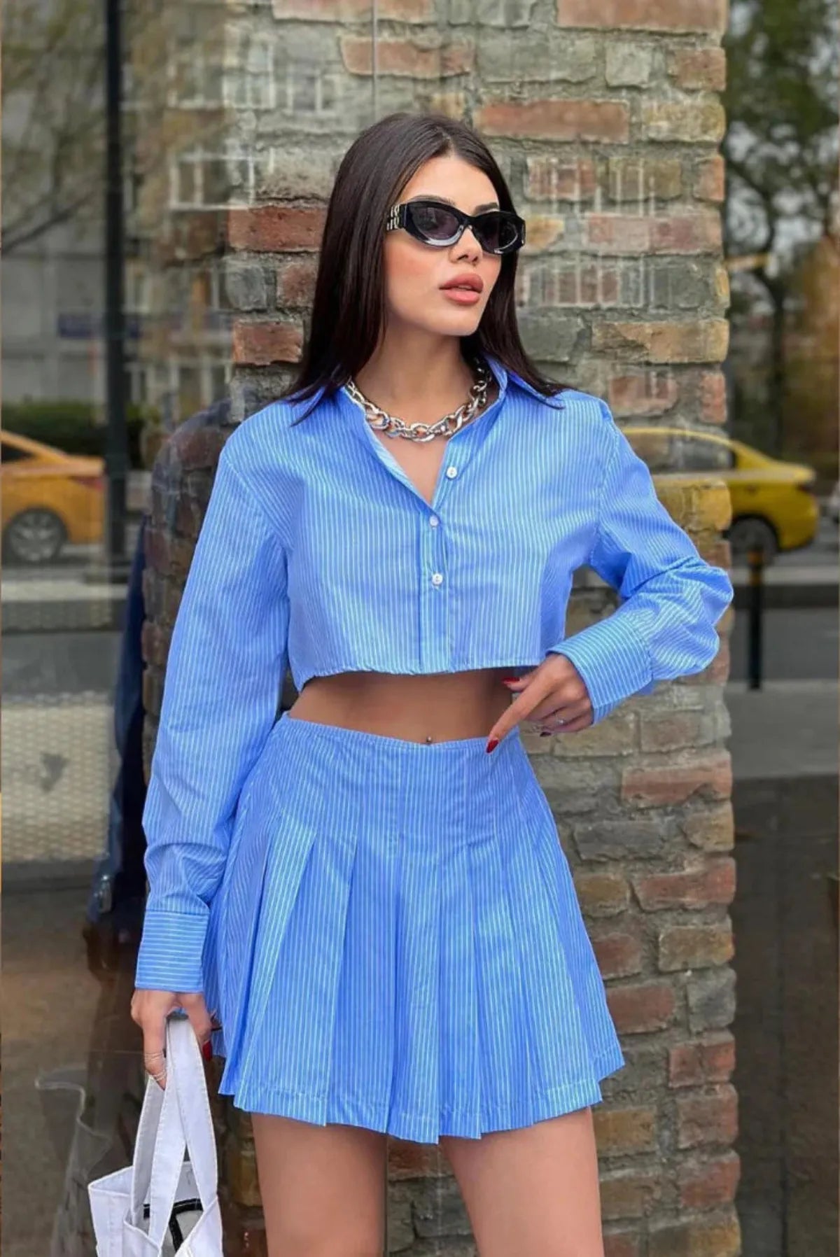 Blue Striped Crop Top &amp; Pleated Skirt Set