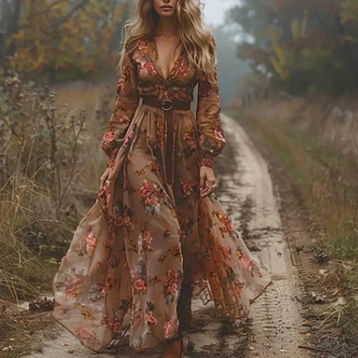 Bohemian Floral Print Maxi Dress With Long Sleeves