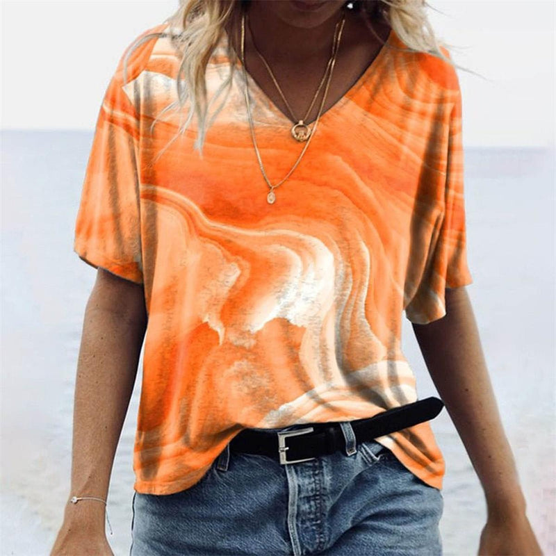 Boho Style Women&#39;s V-Neck T-Shirt with Marble Patterns