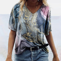 Boho Style Women&#39;s V-Neck T-Shirt with Marble Patterns