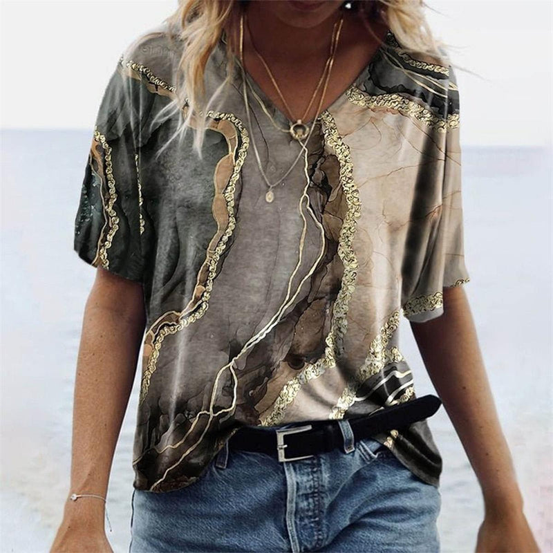 Boho Style Women&#39;s V-Neck T-Shirt with Marble Patterns
