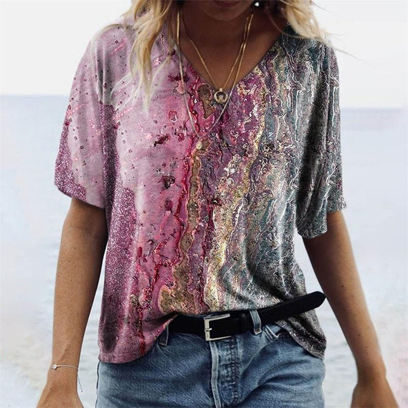 Boho Style Women&#39;s V-Neck T-Shirt with Marble Patterns