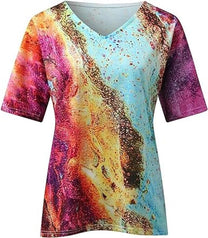 Boho Style Women&#39;s V-Neck T-Shirt with Marble Patterns