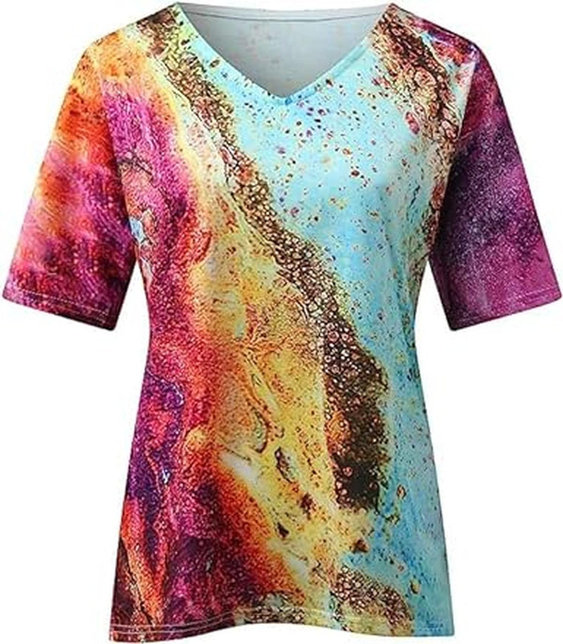 Boho Style Women&#39;s V-Neck T-Shirt with Marble Patterns