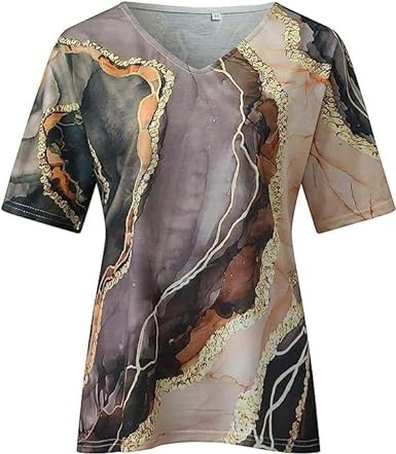 Boho Style Women&#39;s V-Neck T-Shirt with Marble Patterns