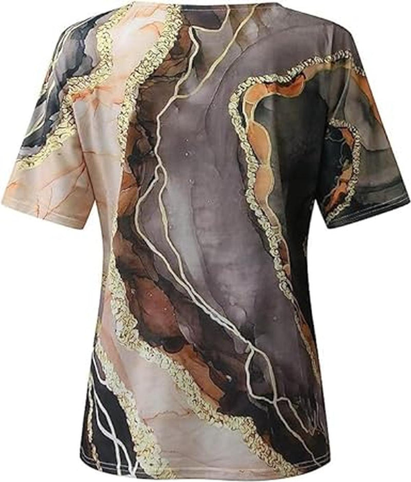 Boho Style Women&#39;s V-Neck T-Shirt with Marble Patterns