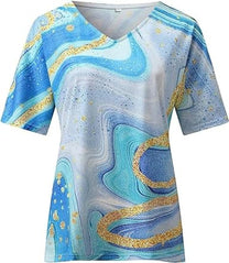 Boho Style Women&#39;s V-Neck T-Shirt with Marble Patterns
