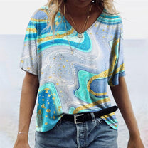 Boho Style Women&#39;s V-Neck T-Shirt with Marble Patterns