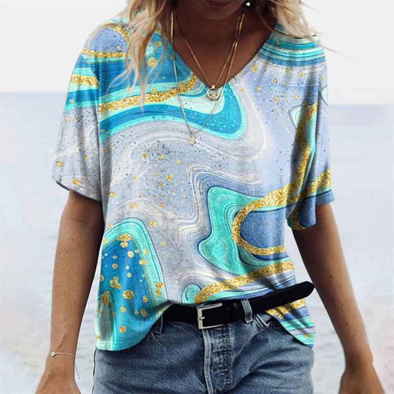 Boho Style Women&#39;s V-Neck T-Shirt with Marble Patterns