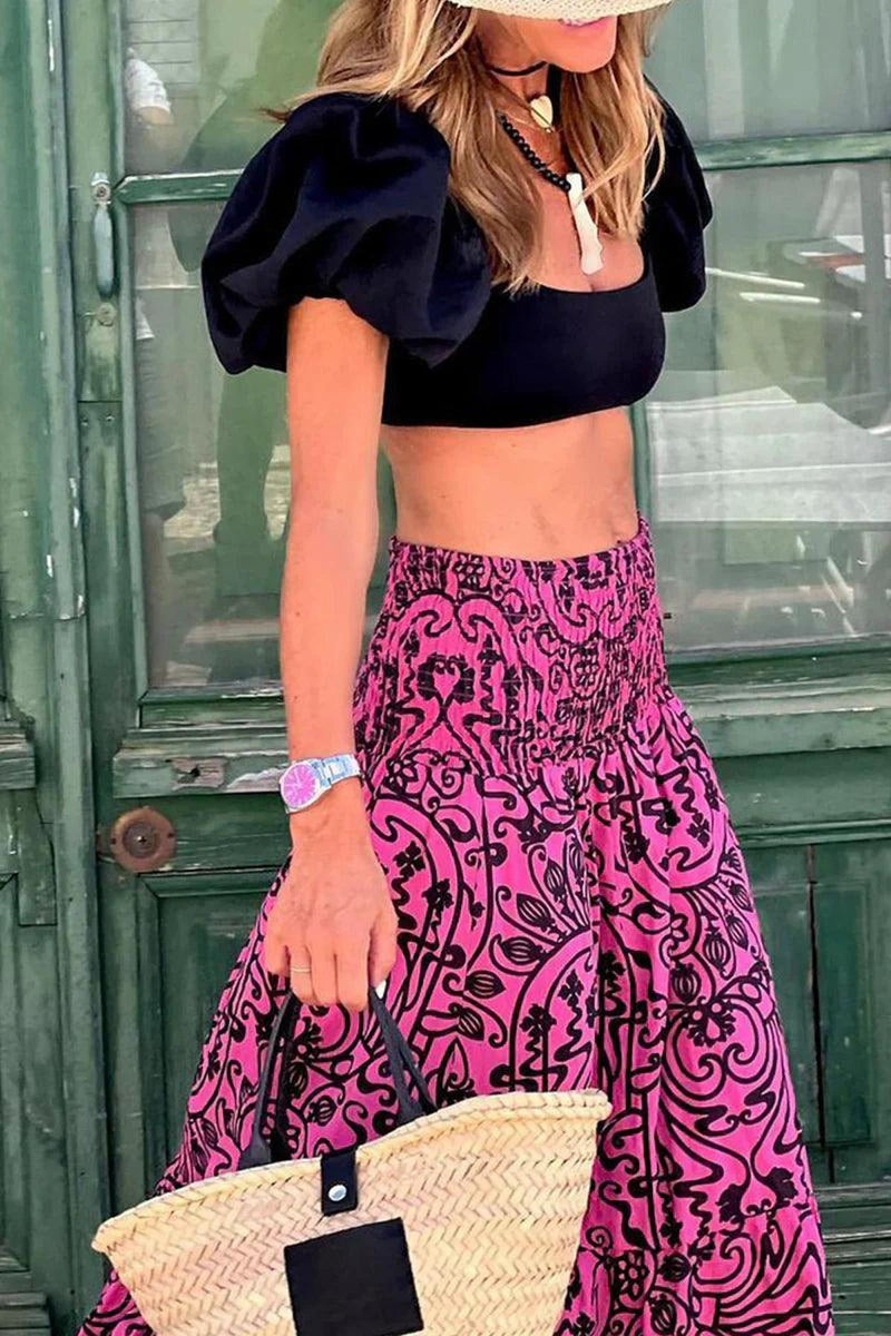 Bold Pattern Elastic Waist Flowy Maxi Skirt