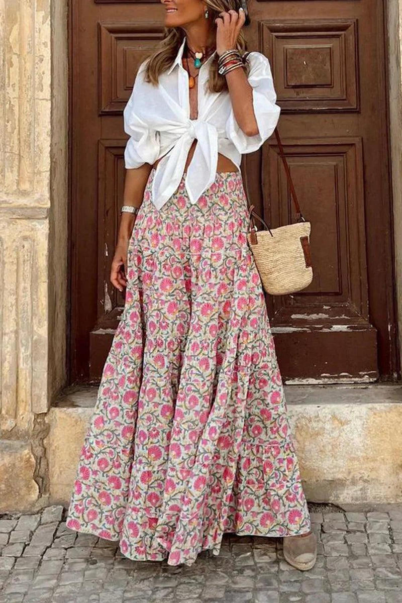 Bold Pattern Elastic Waist Flowy Maxi Skirt