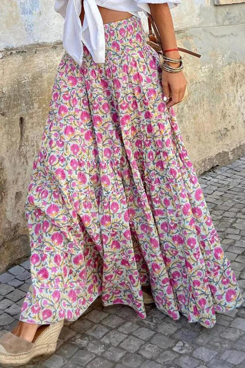 Bold Pattern Elastic Waist Flowy Maxi Skirt